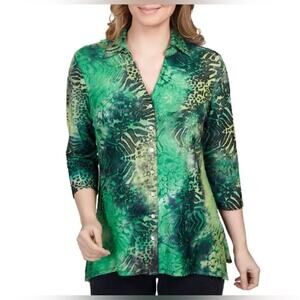 RUBY RD. button animal print BURNOUT TOP Green Size 2X